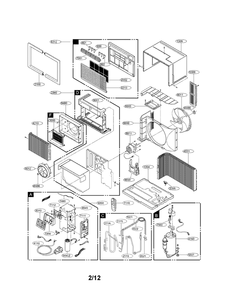 Exploded View Parts Diagram and Parts List for LT1230HR-Y7  LG Air Conditioner