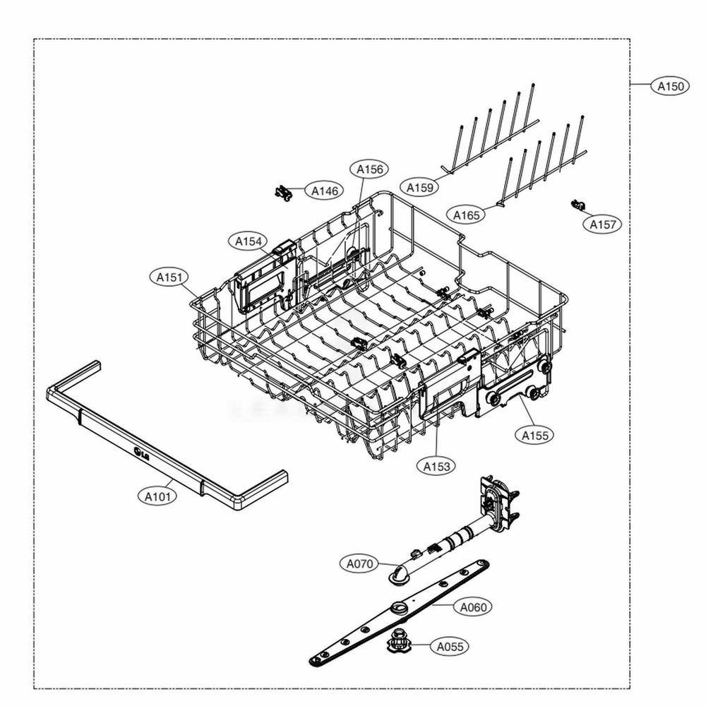 Upper Rack Assembly Diagram and Parts List for LDF5678SS ASSESNA LG Dishwasher