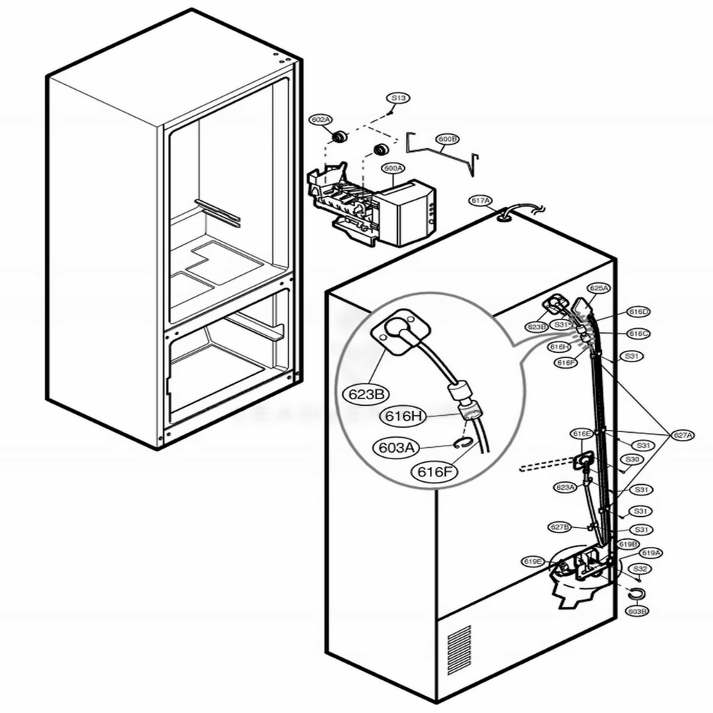 Ice Maker Parts Diagram and Parts List for 78713 AST2SER LG Refrigerator