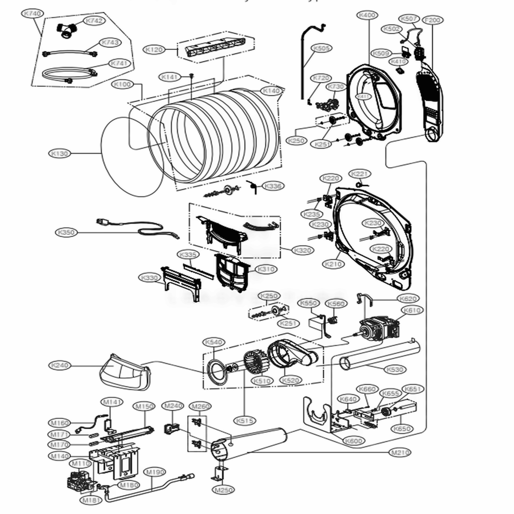 Drum And Motor Assembly: Gas Type Diagram and Parts List for DLGX7701WE ABWEEUS LG Dryer