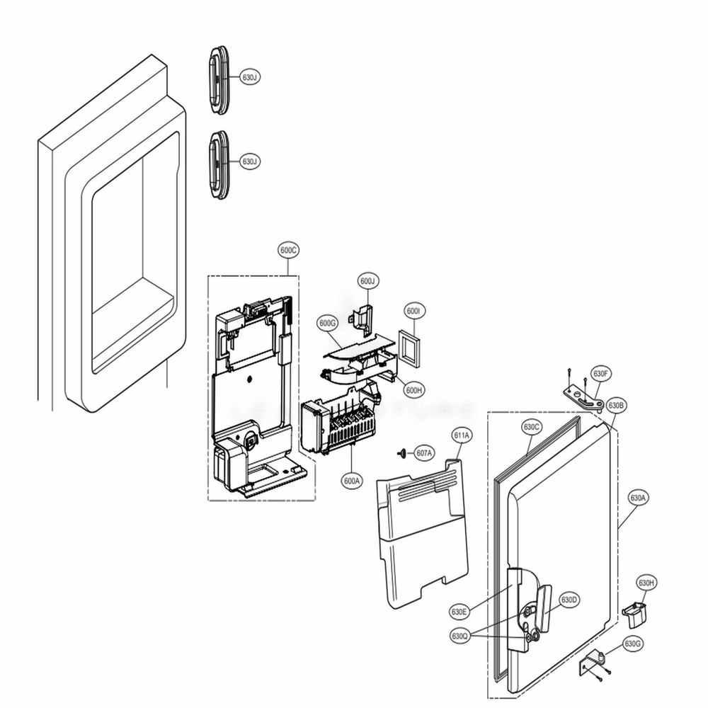 Ice Maker And Ice Bin Parts Diagram and Parts List for LFXC24726S ASTCNA3 LG Refrigerator