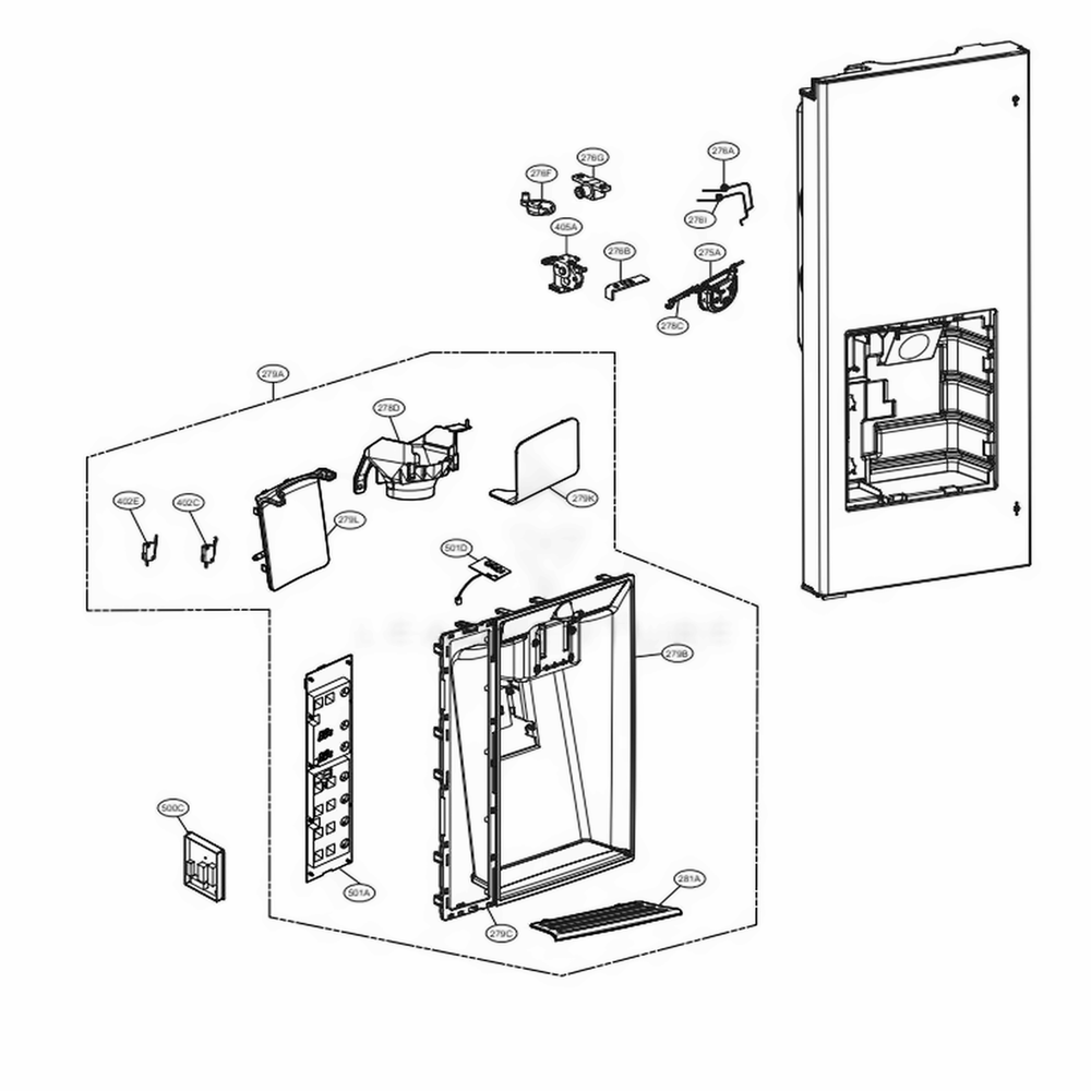 Dispenser Parts Diagram and Parts List for LMX30995ST ASTCNA1 LG Refrigerator