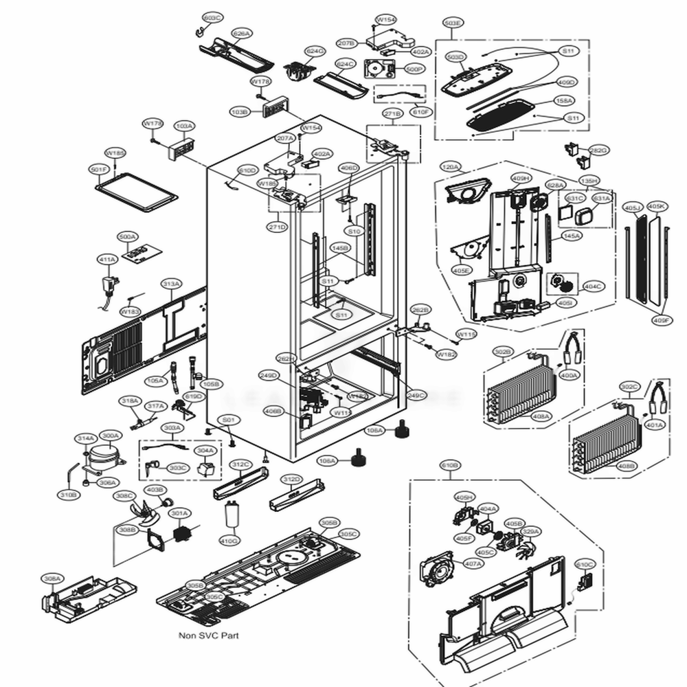 Case Parts Diagram and Parts List for LSFXC2496S ASTCNA1 LG Refrigerator
