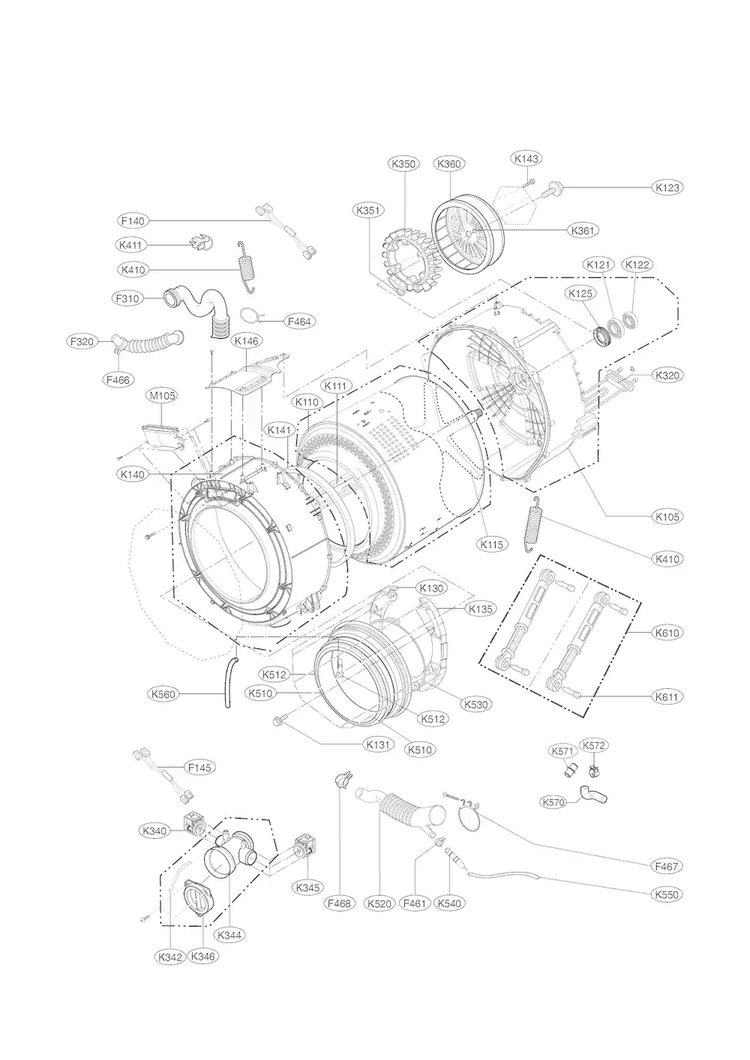 Drum And Tub Parts Diagram and Parts List for WM3477HW  LG Washer Dryer Combo