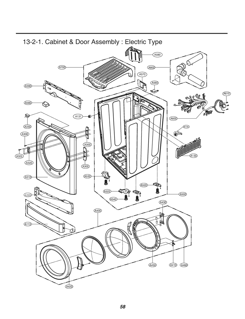 Cabinet And Door Assembly Diagram and Parts List for RV1044AS ABWESEU LG Dryer