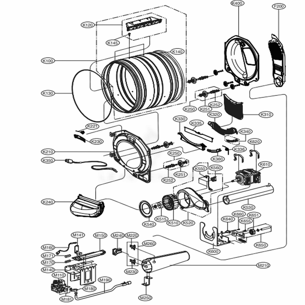 Drum And Motor Assembly: Gas Type Diagram and Parts List for 91362 ABWESEU LG Dryer