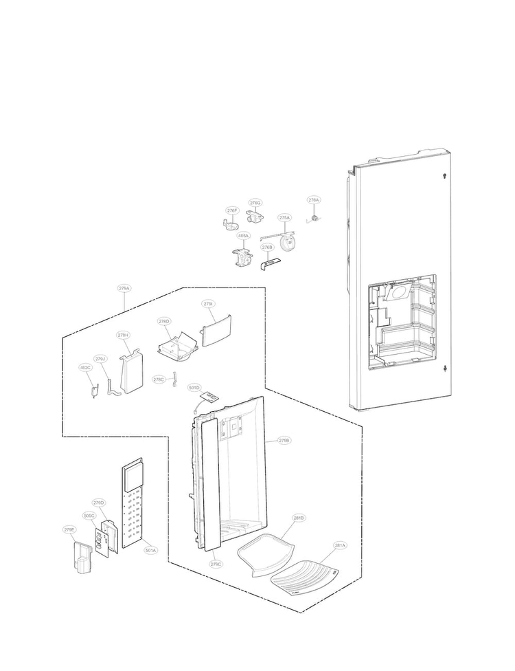 Dispenser Parts Diagram and Parts List for LFX28968SW 01 LG Refrigerator