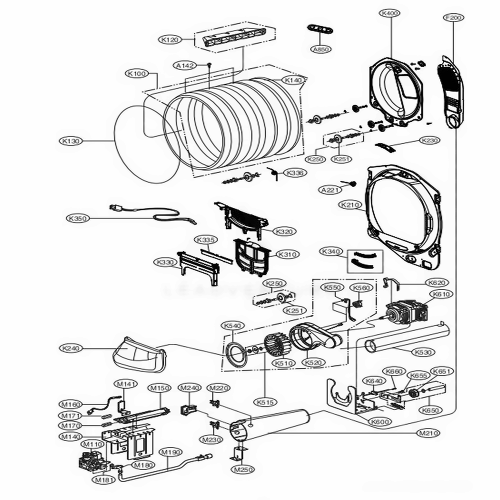 Drum And Motor Assembly Diagram and Parts List for DLG7201VE ASSEEUS LG Dryer