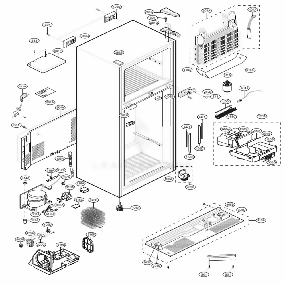 Case Parts Diagram and Parts List for 79433 ASTCSE5 LG Refrigerator