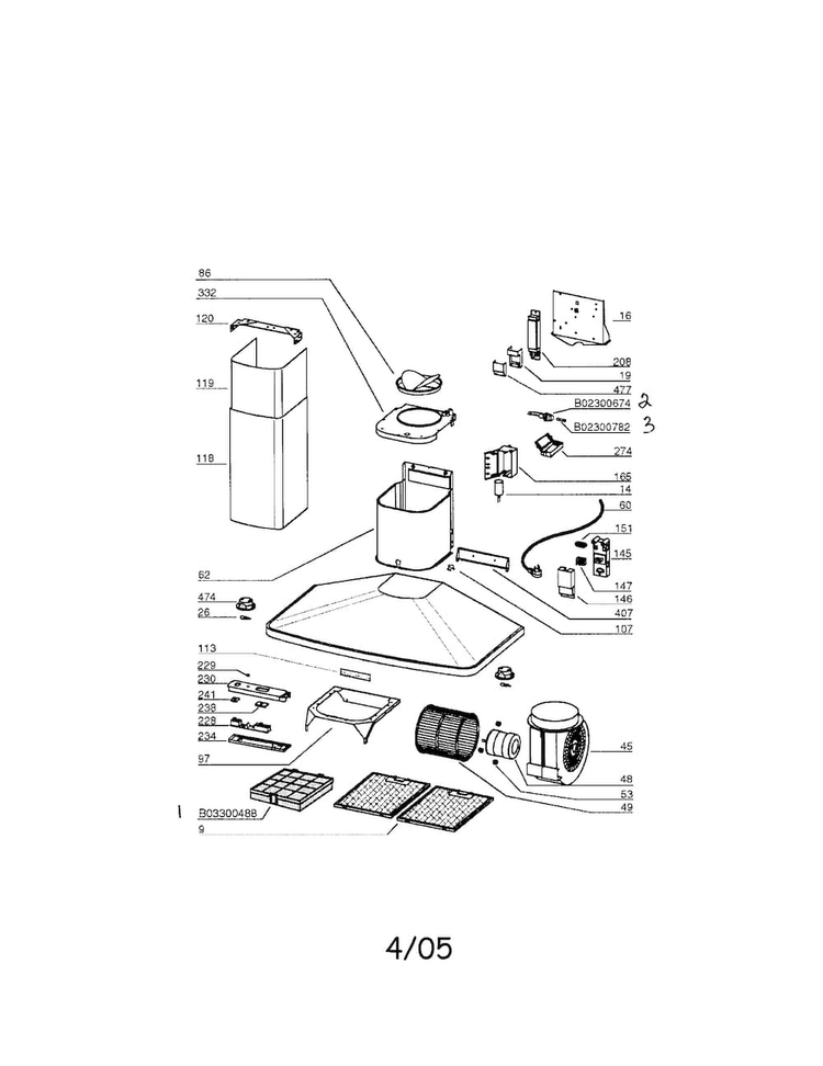 Range Hood Diagram and Parts List for 23353363  Kenmore Range Hood
