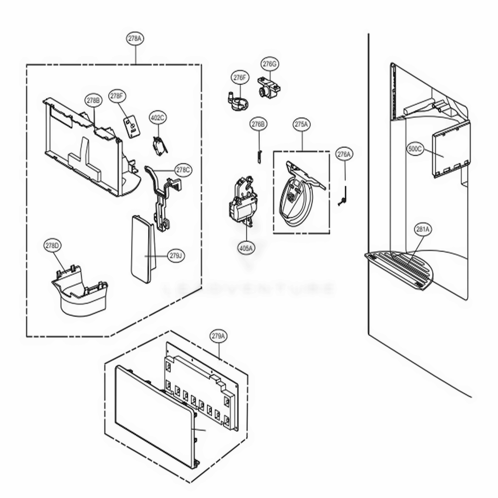 Dispenser Parts Diagram and Parts List for 70339 AWBCSE1 LG Refrigerator
