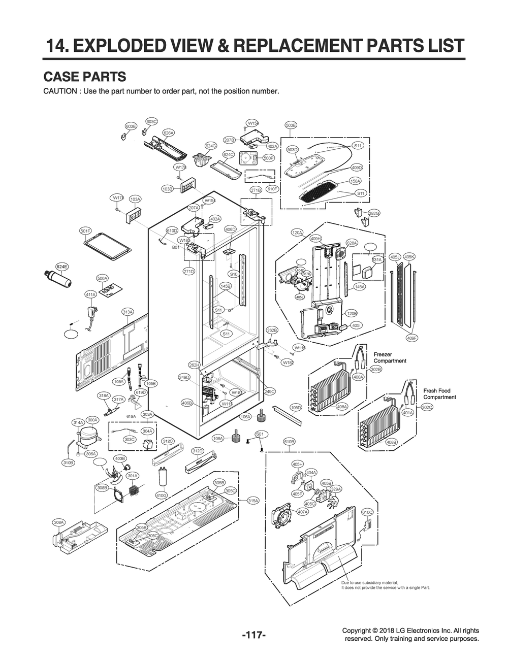 Case Parts Diagram and Parts List for GR-J318LSJM ASTCNA1 LG Refrigerator