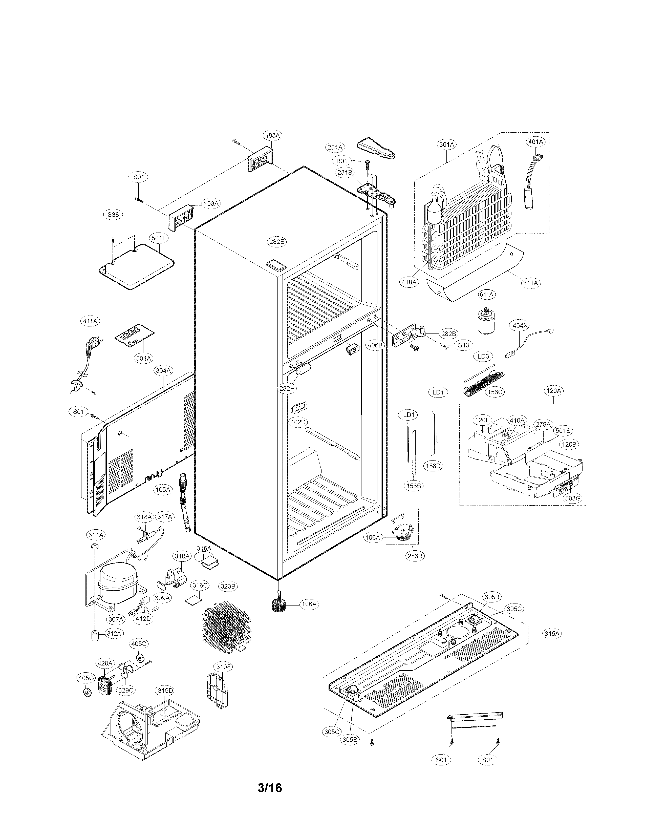 Case Parts Diagram and Parts List for 79579433213  Kenmore Refrigerator