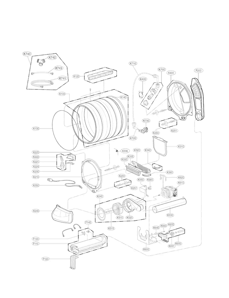 Drum And Motor Parts Diagram and Parts List for DLEY1701V  LG Dryer