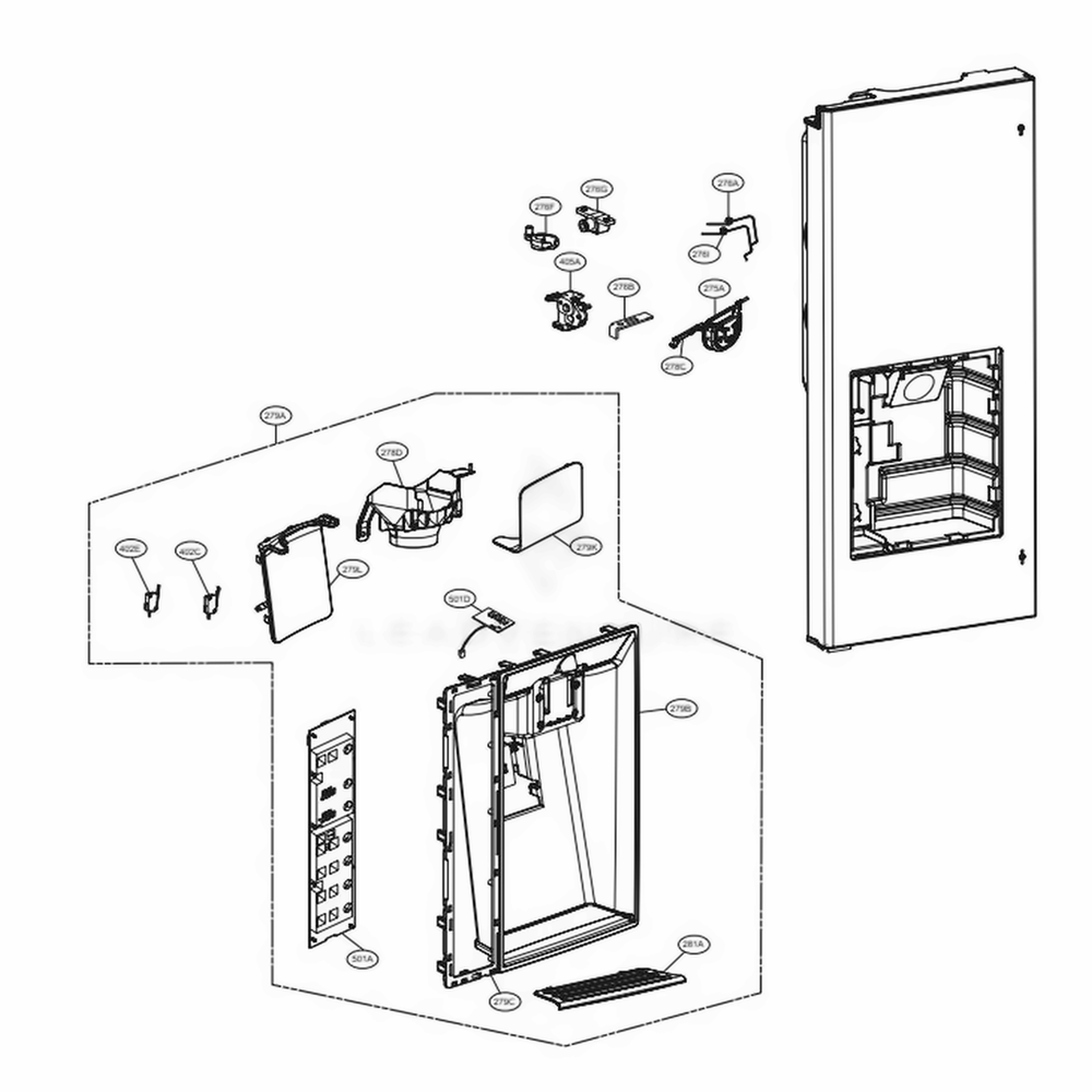 Dispenser Parts Diagram and Parts List for LMXC23746D ASBCNA0 LG Refrigerator