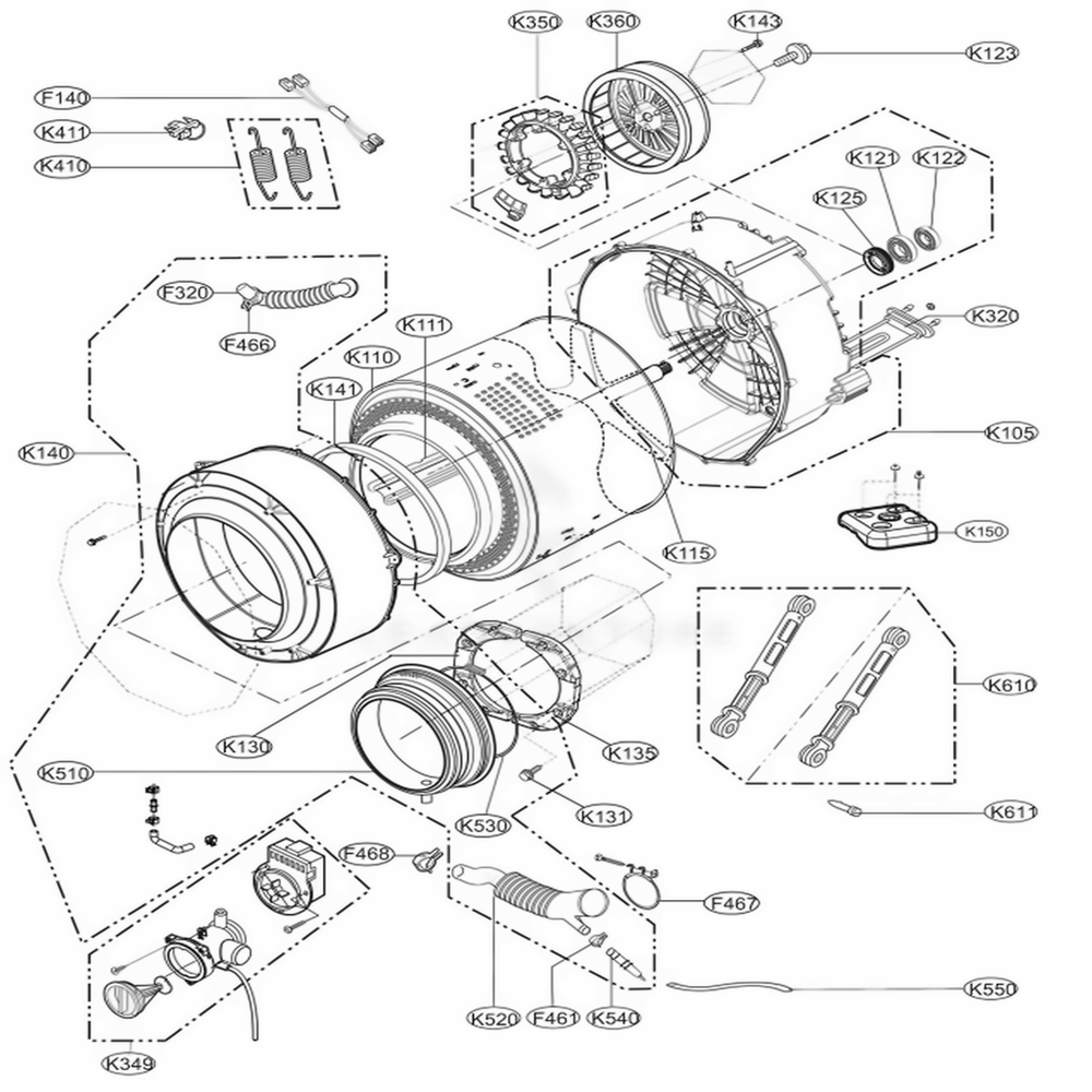 Drum And Tub Assembly Diagram and Parts List for F1073ND ABWPBAL LG Washer
