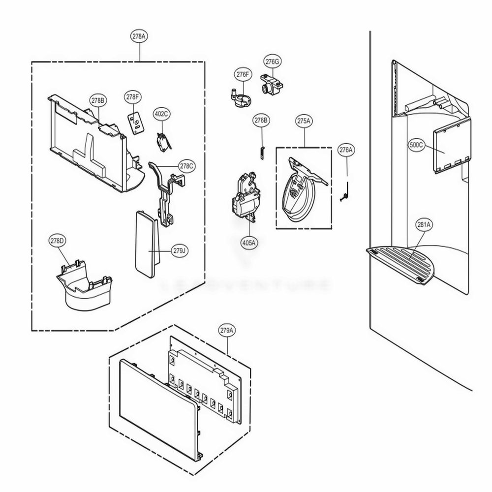 Dispenser Parts Diagram and Parts List for 73065 ANSCSE1 LG Refrigerator