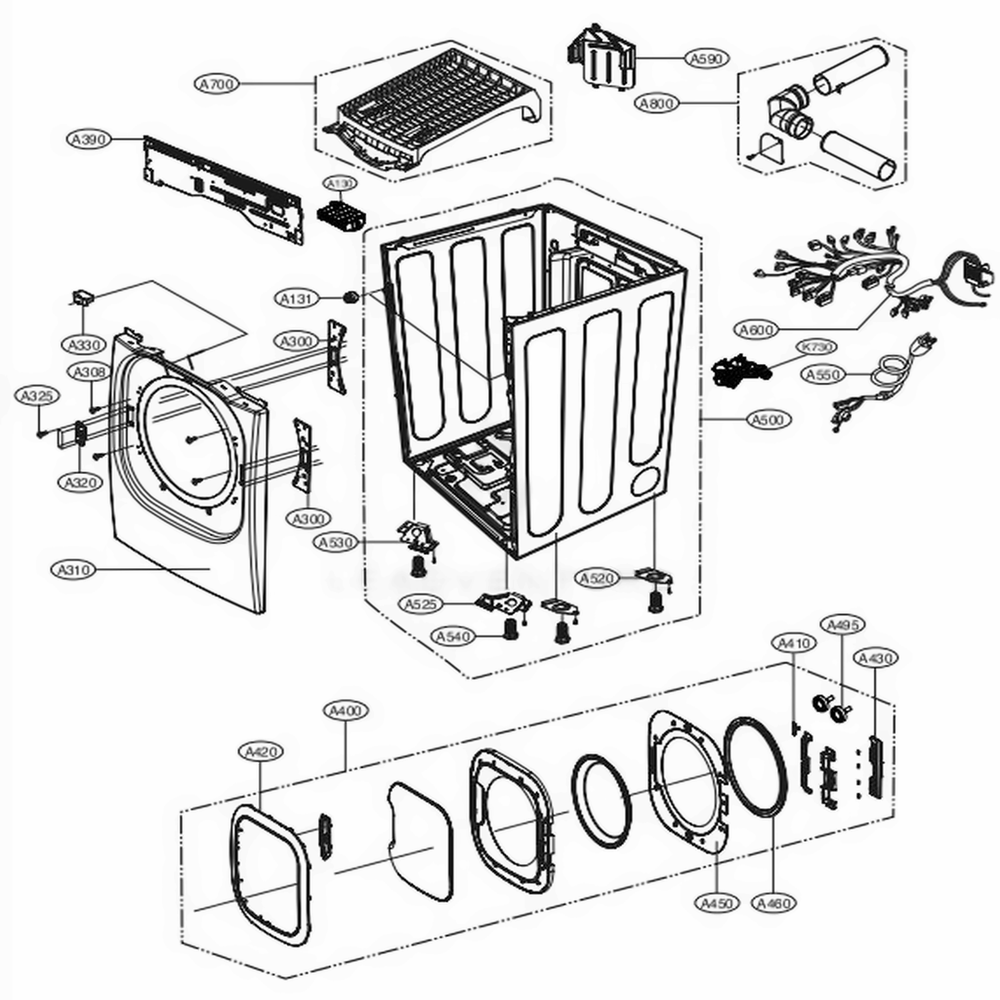 Cabinet And Door Assembly: Gas Type Diagram and Parts List for DLGX4501B ABLEEUS LG Dryer