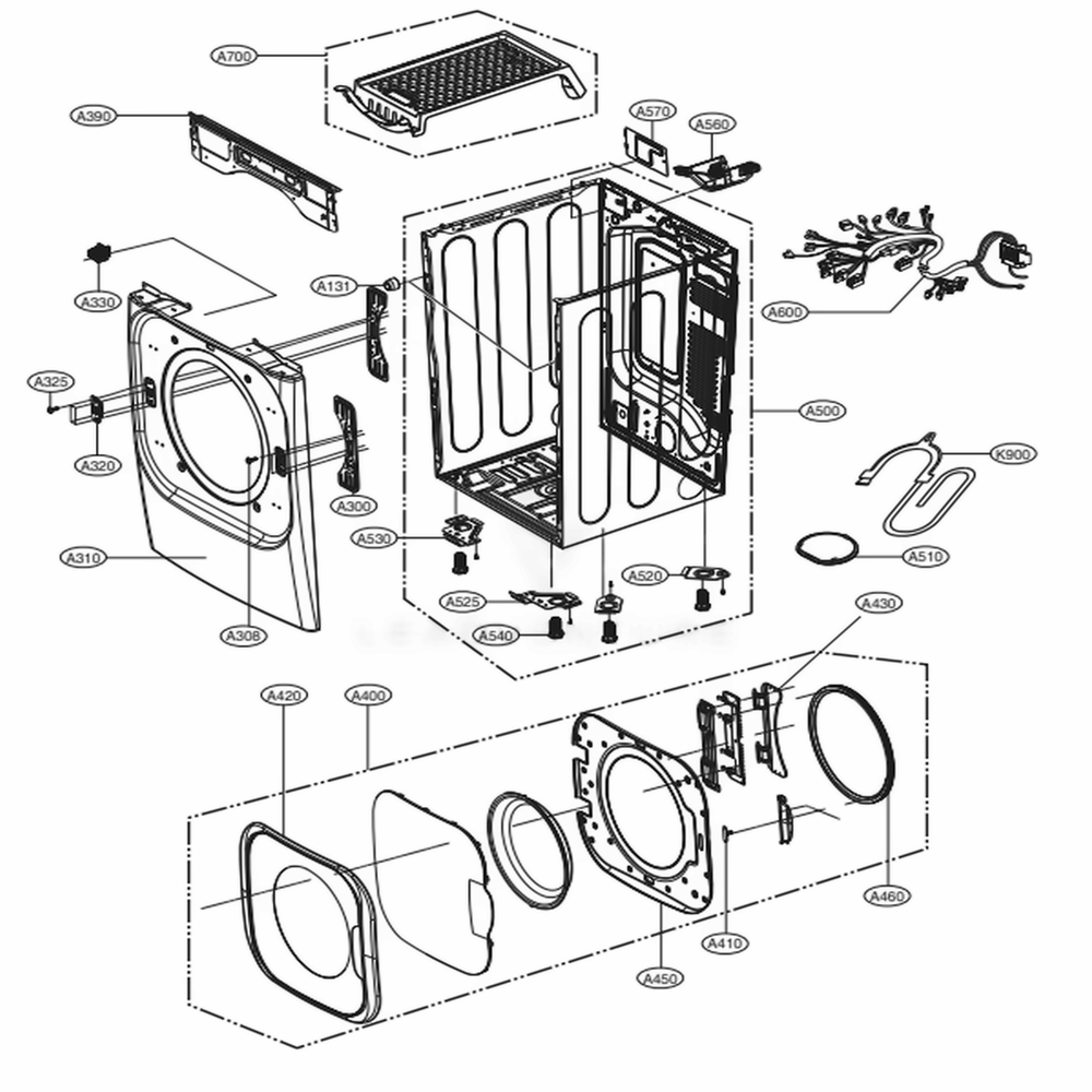 Cabinet And Door Assembly Diagram and Parts List for DLHX4072W ABWEEUS LG Dryer