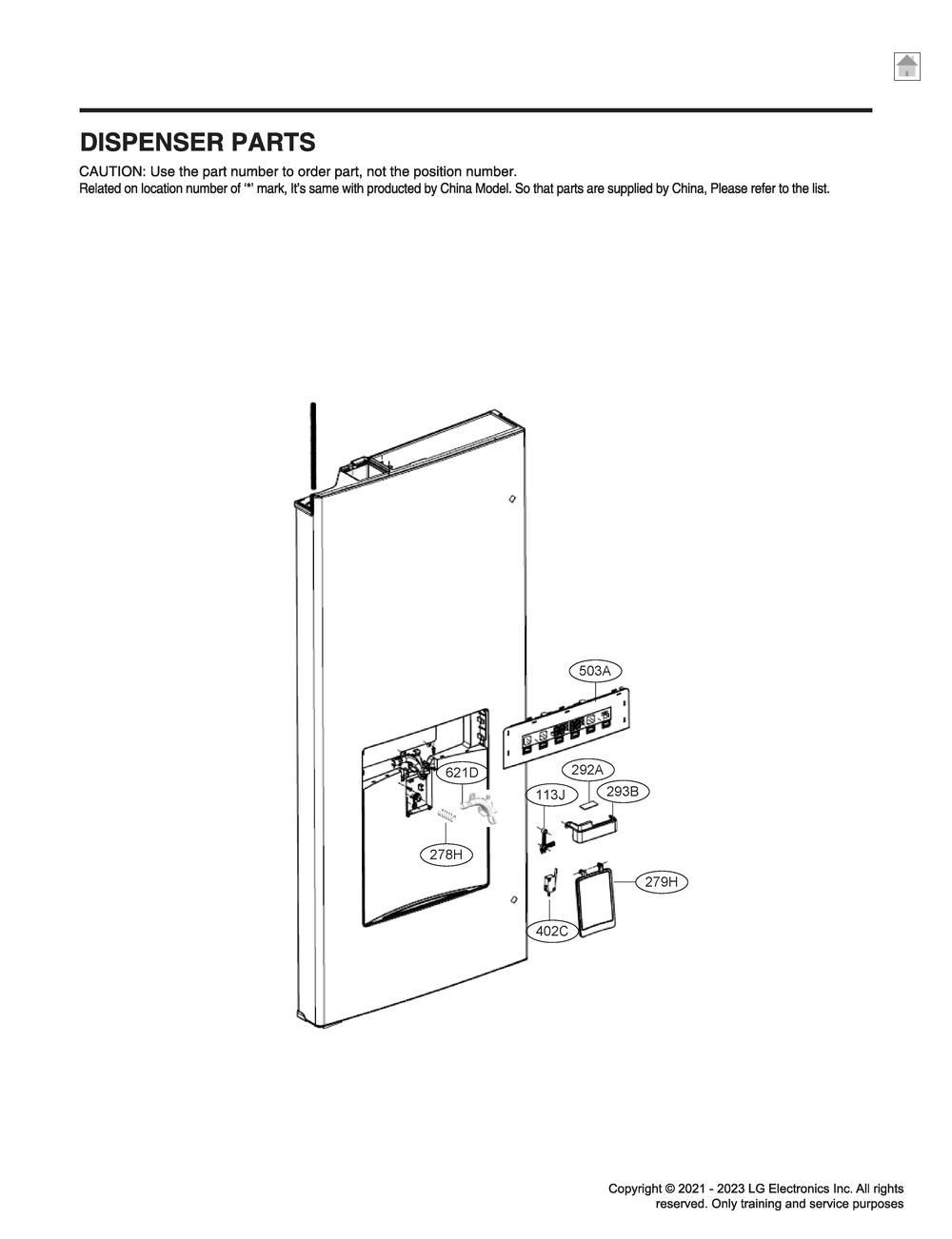 Dispenser Parts Diagram and Parts List for GR-F298NKSH ASBCNA2 LG Refrigerator