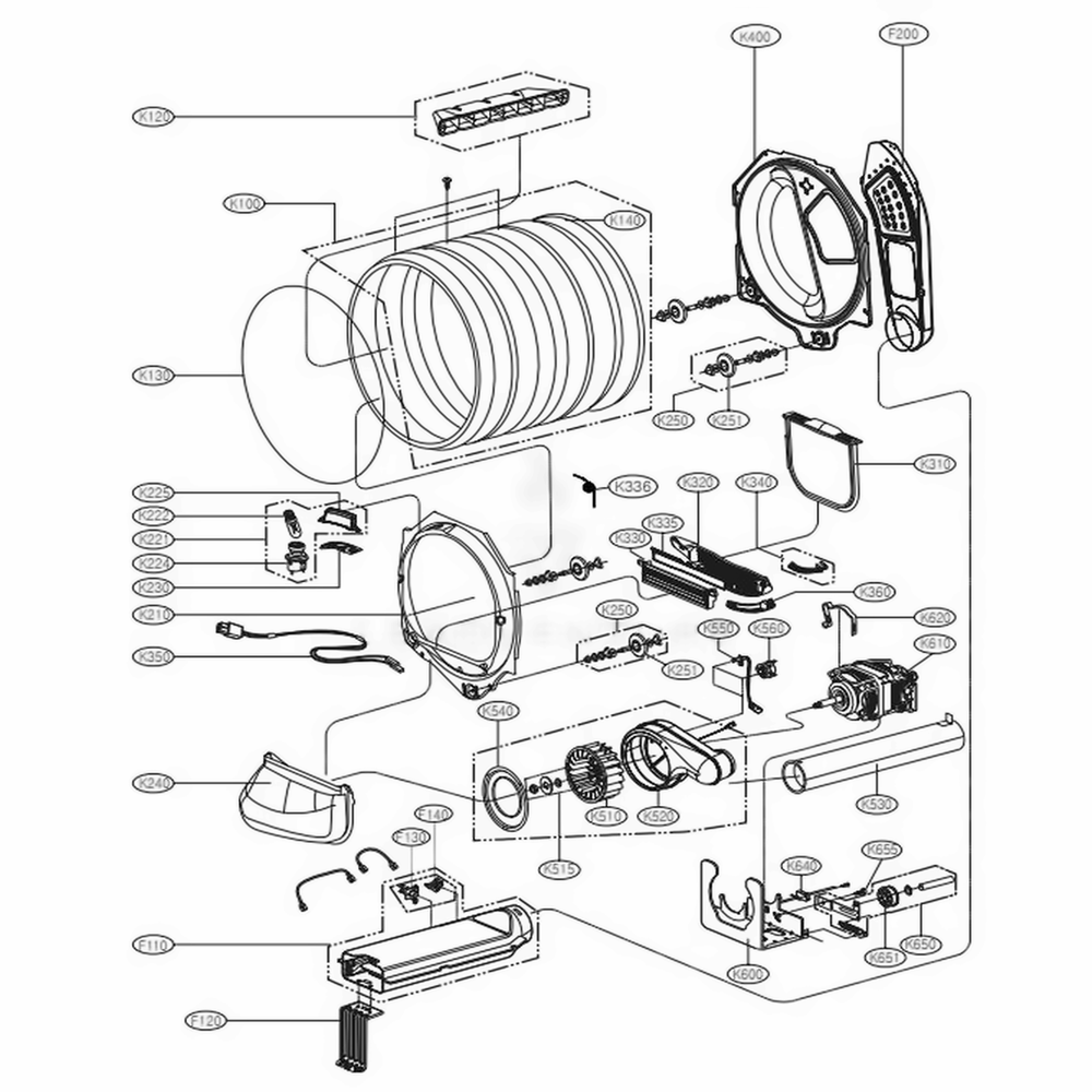Drum And Motor Assembly: Electric Type Diagram and Parts List for DLE1101W ABWEEUS LG Dryer