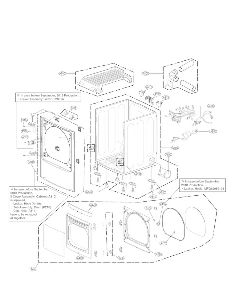 Cabinet And Door Parts Diagram and Parts List for DLGX5681W  LG Dryer