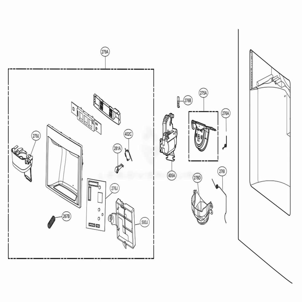 Dispenser Parts Diagram and Parts List for 75042 ASWCSE0 LG Refrigerator
