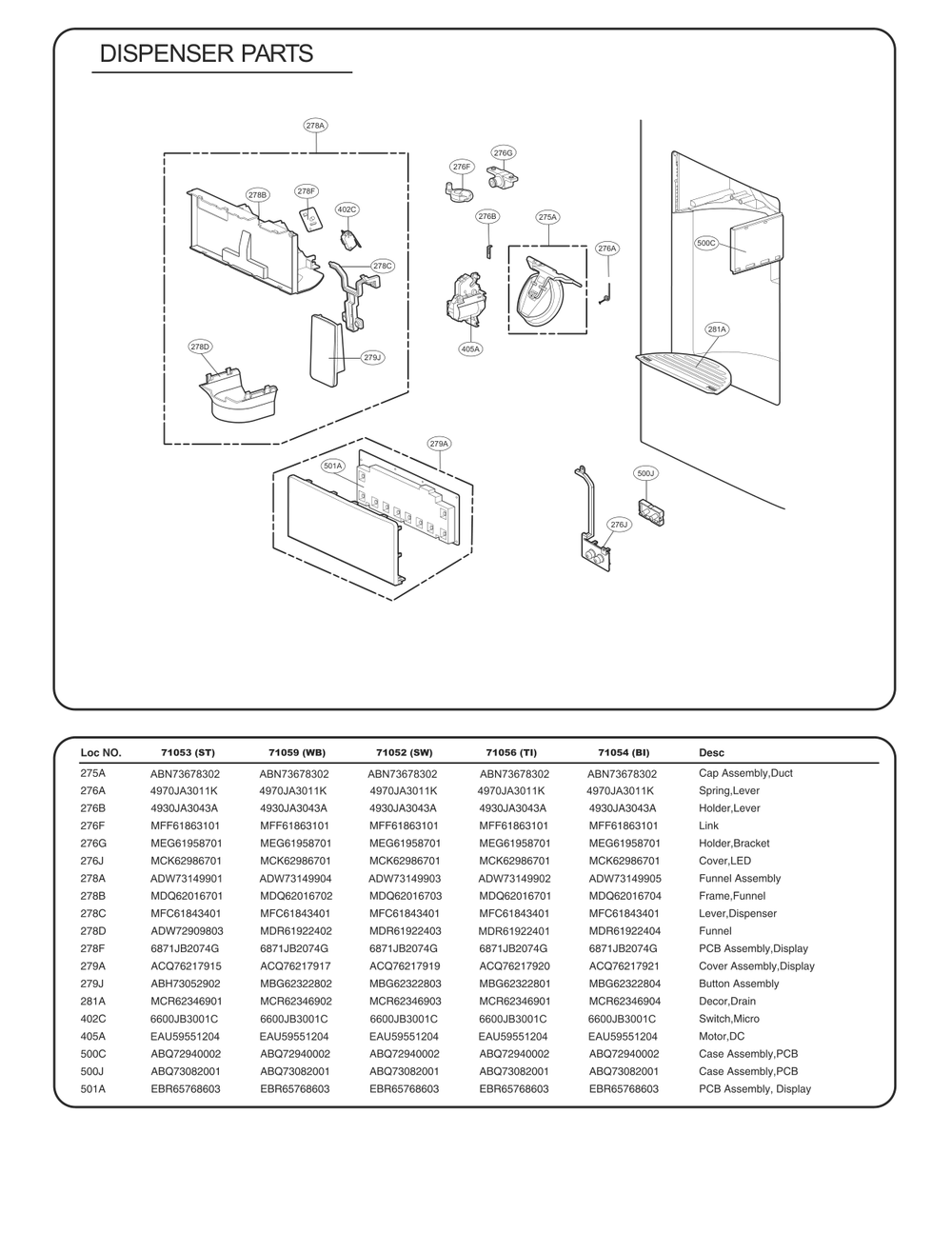 Dispenser Parts Diagram and Parts List for GC-L288NQXP ASWCSE4 LG Refrigerator