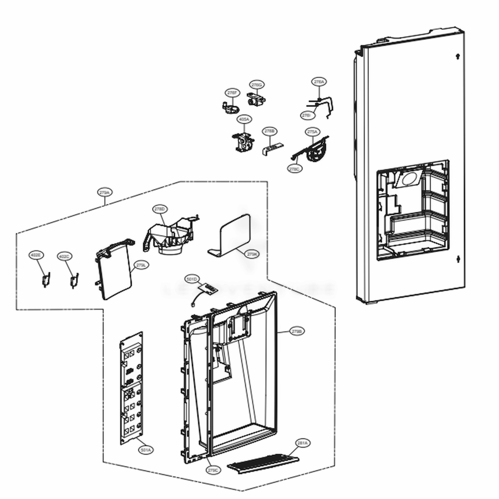 Dispenser Parts Diagram and Parts List for LMXC23746D ASBCNA1 LG Refrigerator