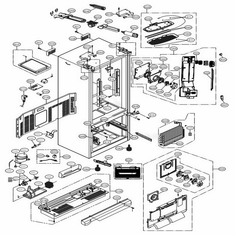 Case Parts Diagram and Parts List for 73065 ANSCSE1 LG Refrigerator