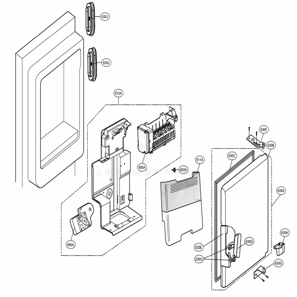 Ice Maker And Ice Bin Parts Diagram and Parts List for 73157 ASBCSE0 LG Refrigerator
