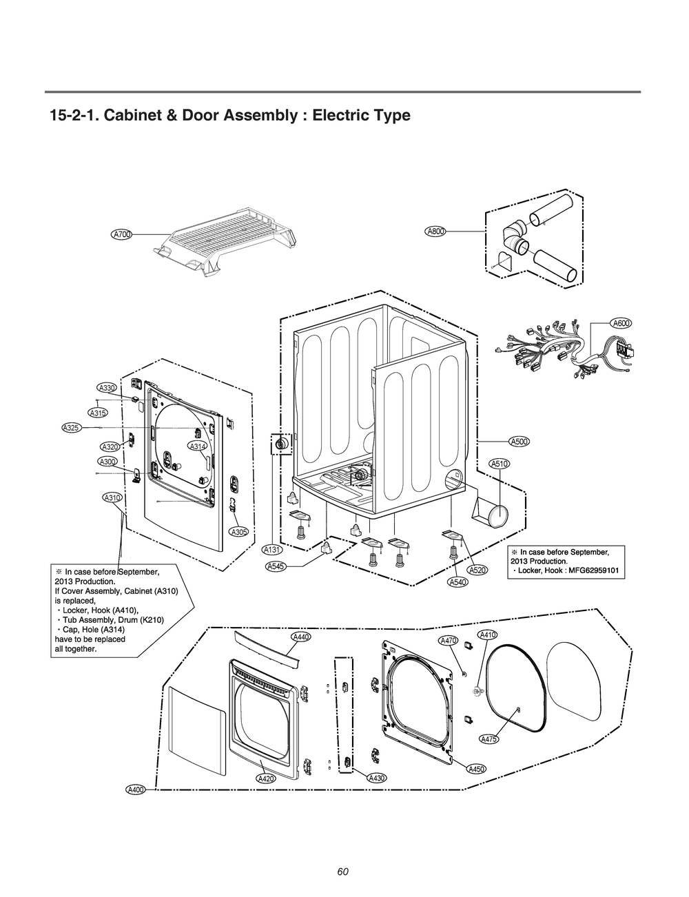 Cabinet And Door Assembly Diagram and Parts List for RV13A8A ABWESEU LG Dryer