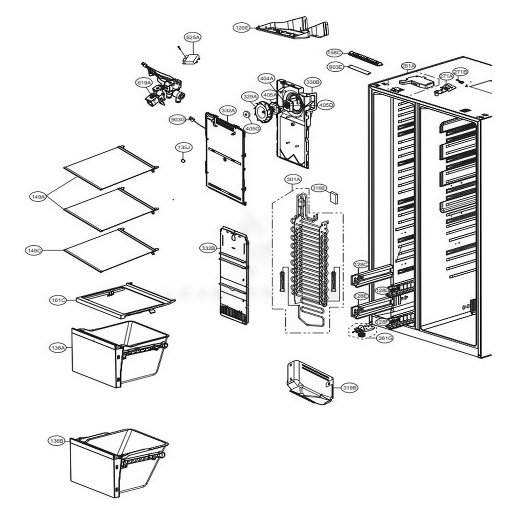 Freezer Compartment Diagram and Parts List for LSXS26326S ASTCNA7 LG Refrigerator