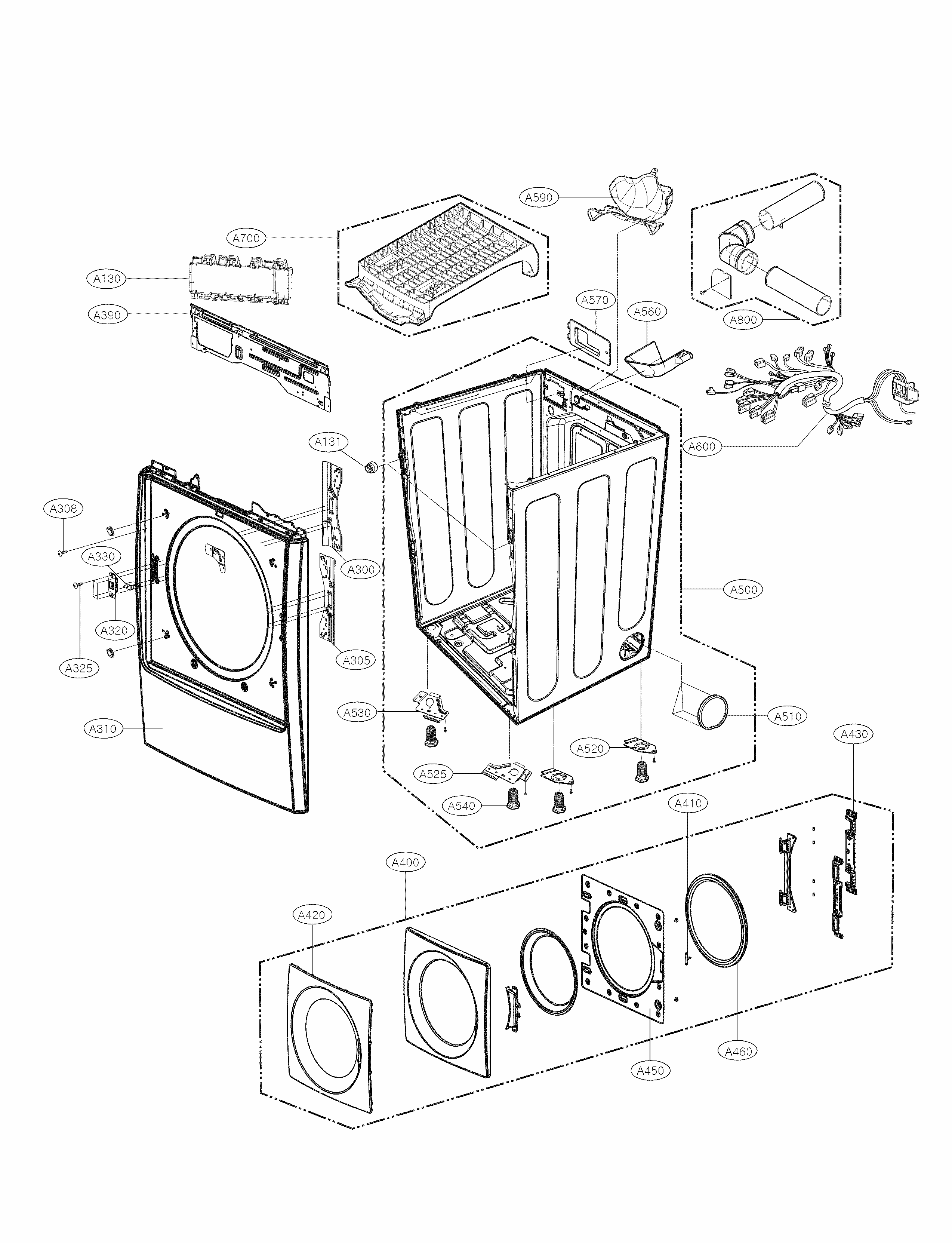 Cabinet And Door Parts Diagram and Parts List for 79681373210  Kenmore Dryer