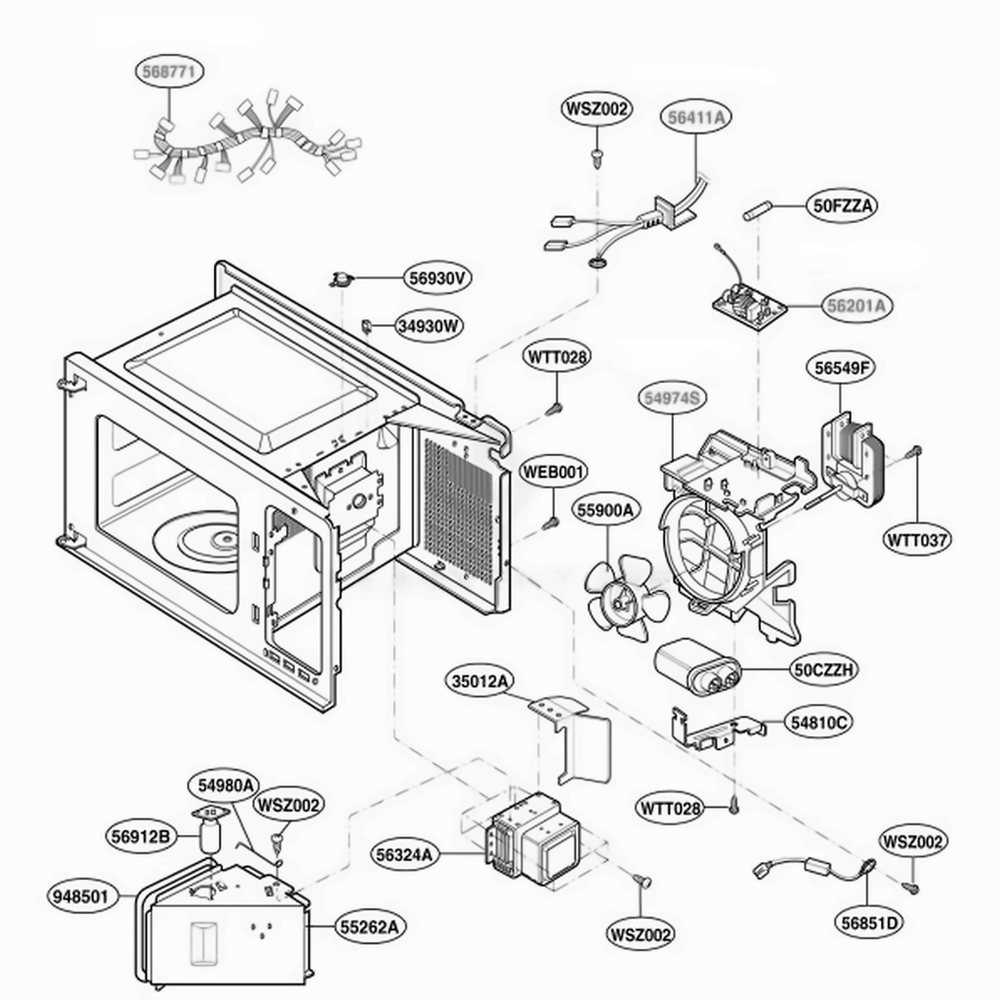 Interior Parts Diagram and Parts List for GT4175SPB CB3EWRP LG Wall Oven
