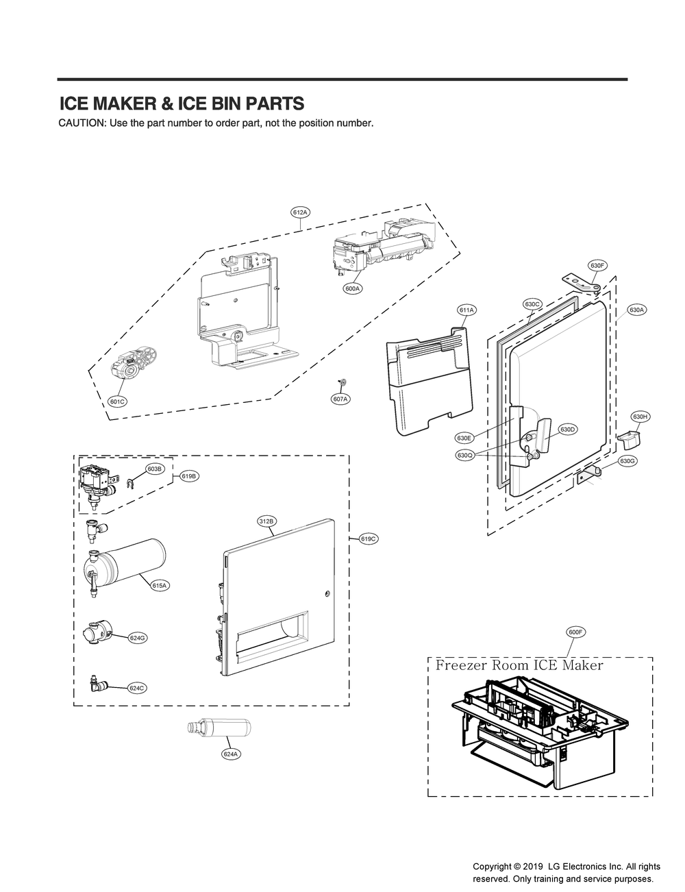 Ice Maker And Ice Bin Parts Diagram and Parts List for GR-X308MKYM ASBCNA2 LG Refrigerator