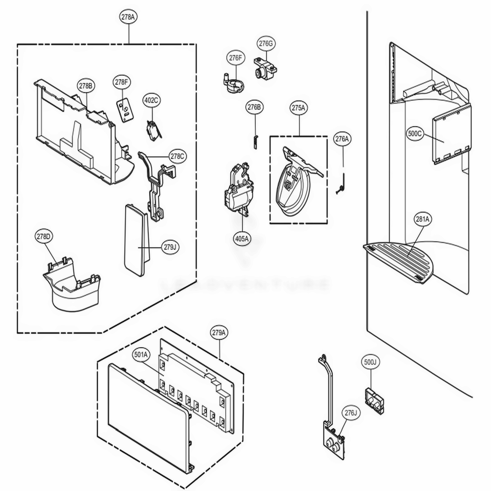 Dispenser Parts Diagram and Parts List for 71032 ASWCSE0 LG Refrigerator