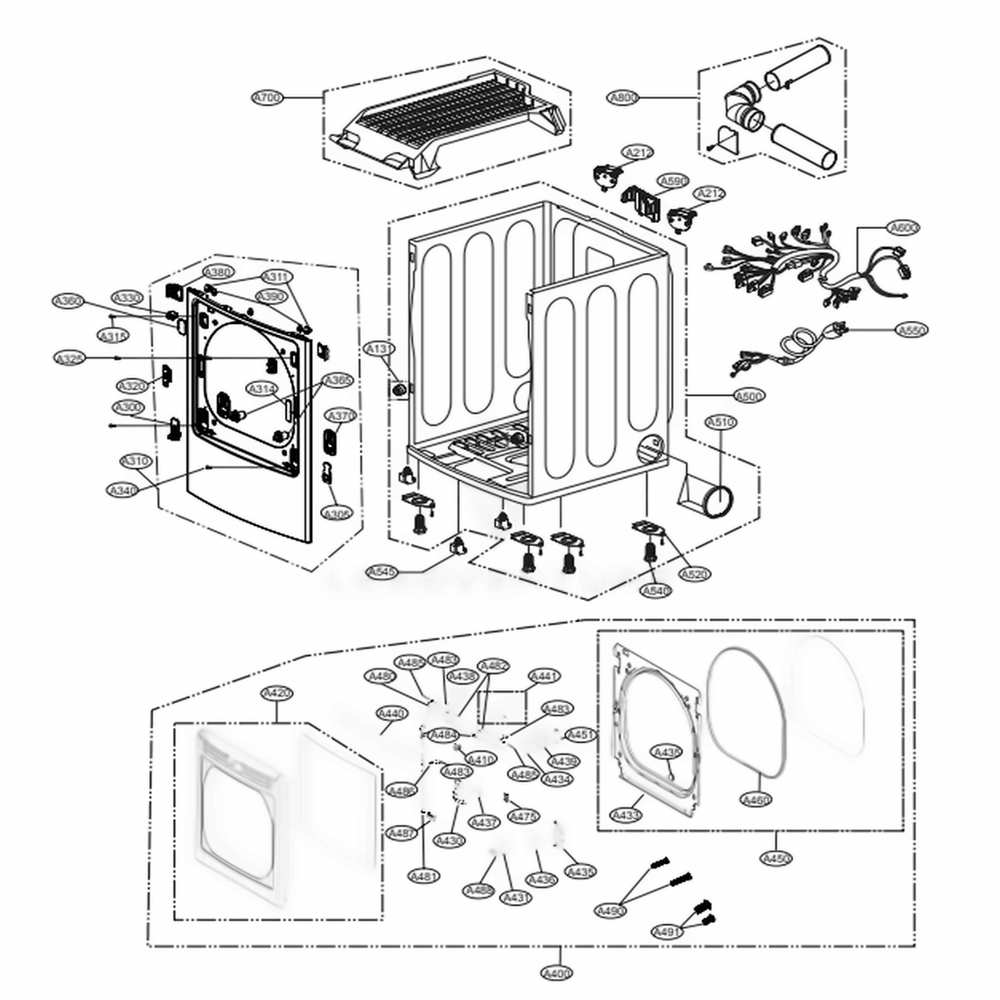 Cabinet And Door Assembly: Gas Type Diagram and Parts List for DLGX7601VE ASSEEUS LG Dryer