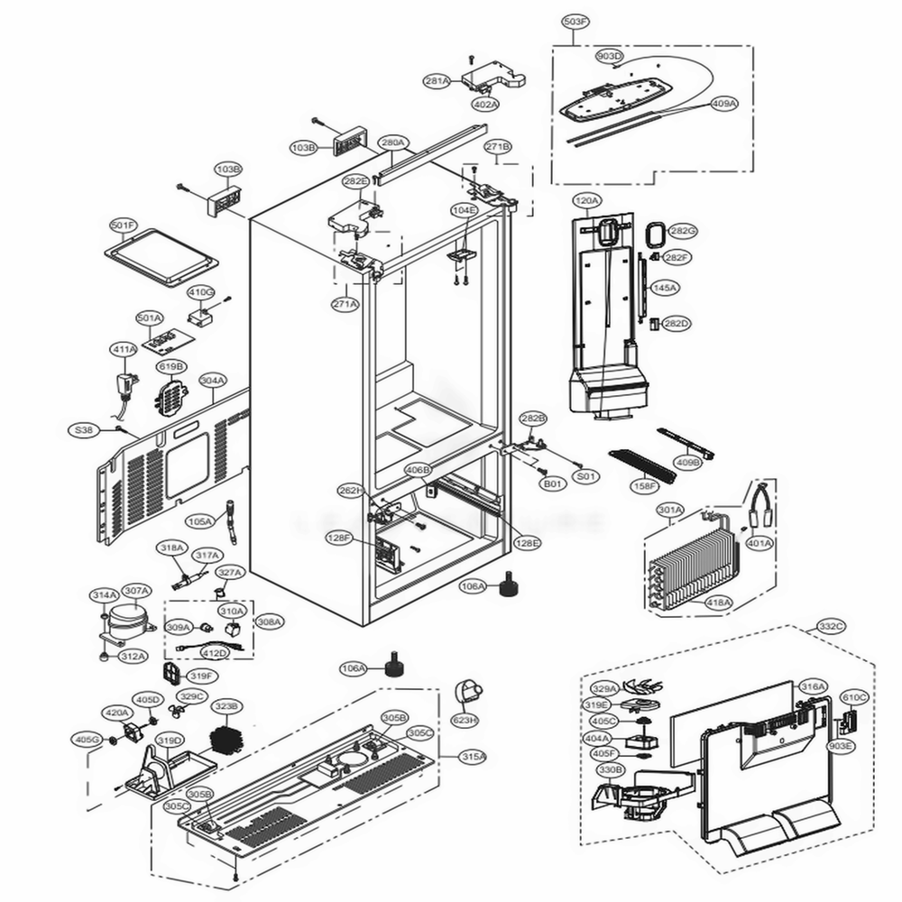 Case Parts Diagram and Parts List for LFNS22520S ASTCNA2 LG Refrigerator