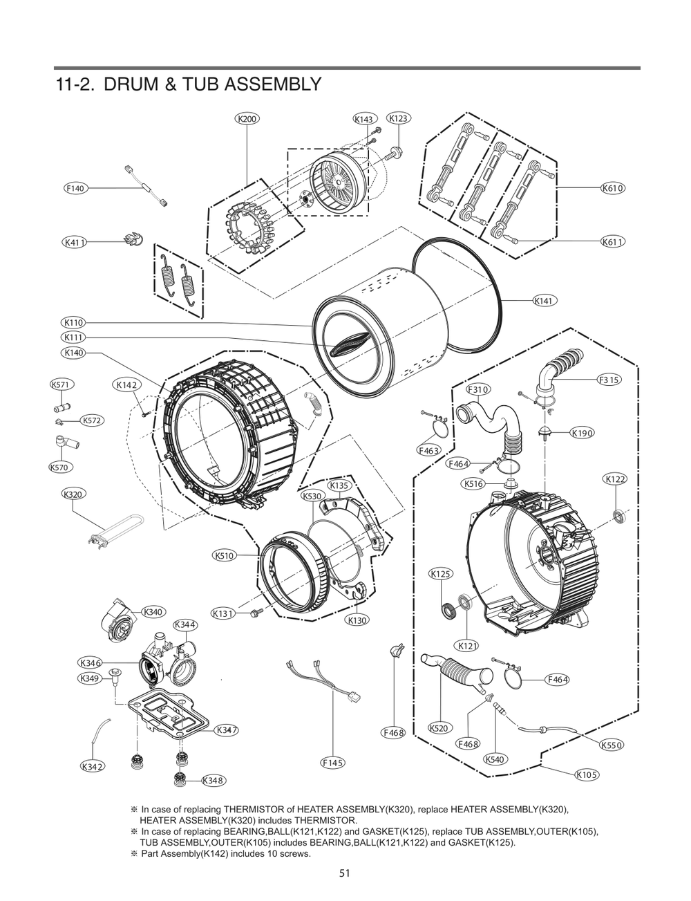 Drum And Tub Assembly Diagram and Parts List for FH4G2CDYV6 ASSEVUS LG Washer
