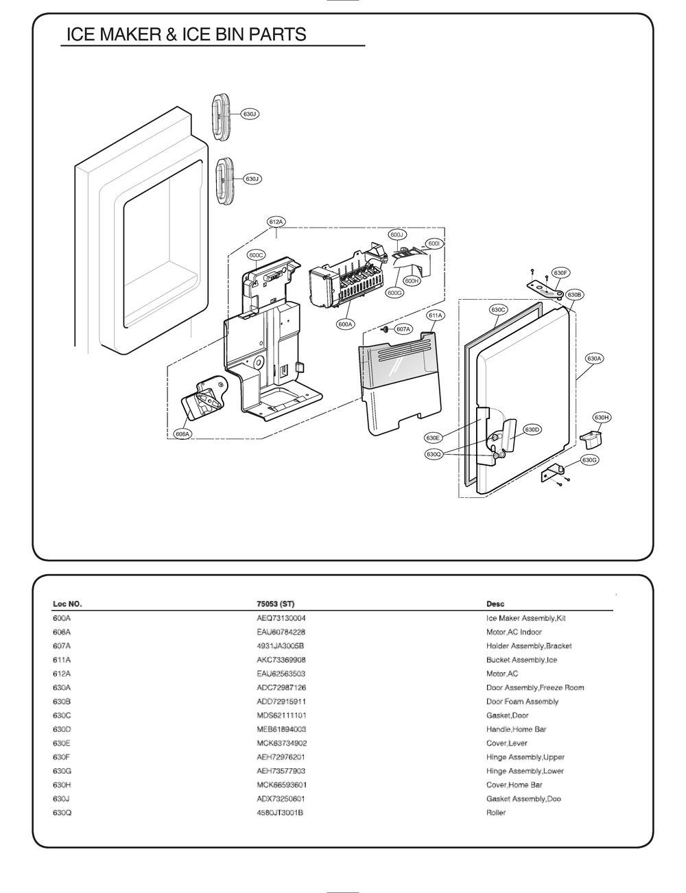 Ice Maker And Ice Bin Parts Diagram and Parts List for GR-J268WSTM ASTCSE0 LG Refrigerator