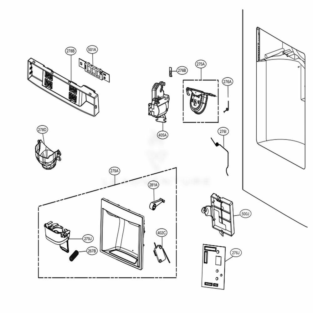 Dispenser Parts Diagram and Parts List for 72489 AWBCSE0 LG Refrigerator