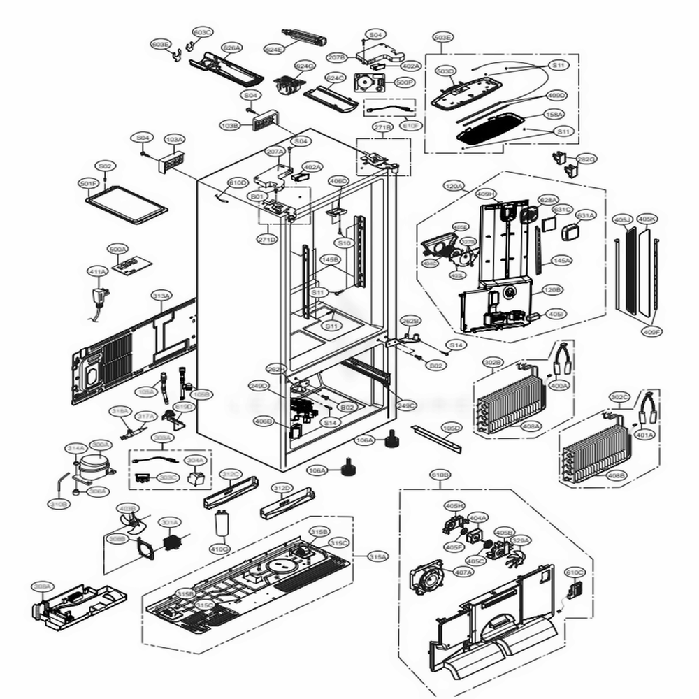 Case Parts Diagram and Parts List for LFXS30766D ASBCNA0 LG Refrigerator