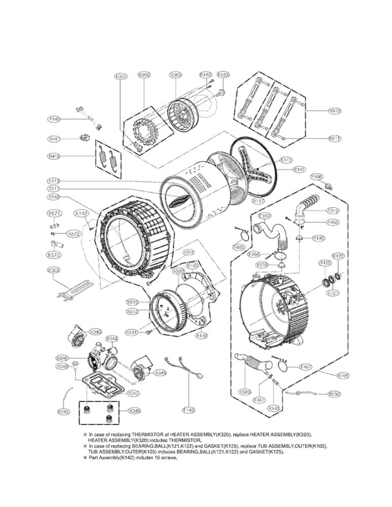 Drum And Tub Assembly Parts Diagram and Parts List for WM8000HWA 00 LG Washer