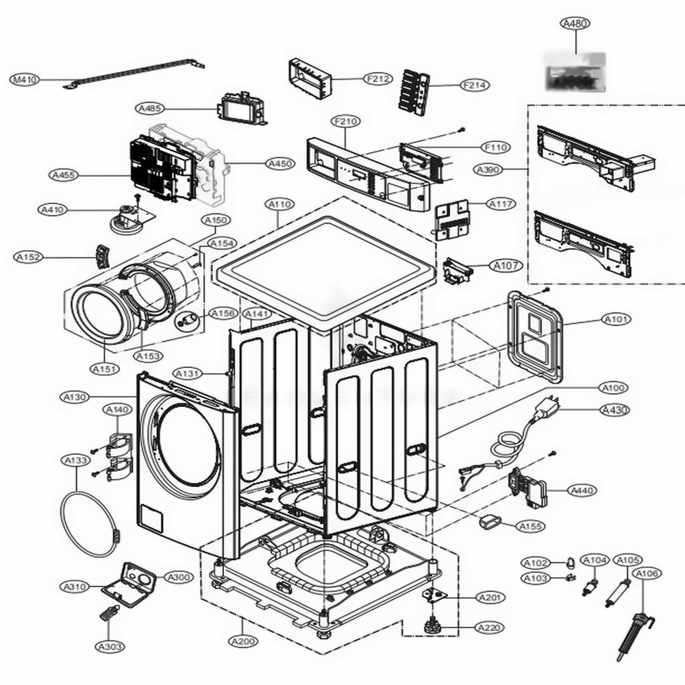 Cabinet And Control Panel Assembly Diagram and Parts List for GCWF1069QD3 ASSEELC LG Washer