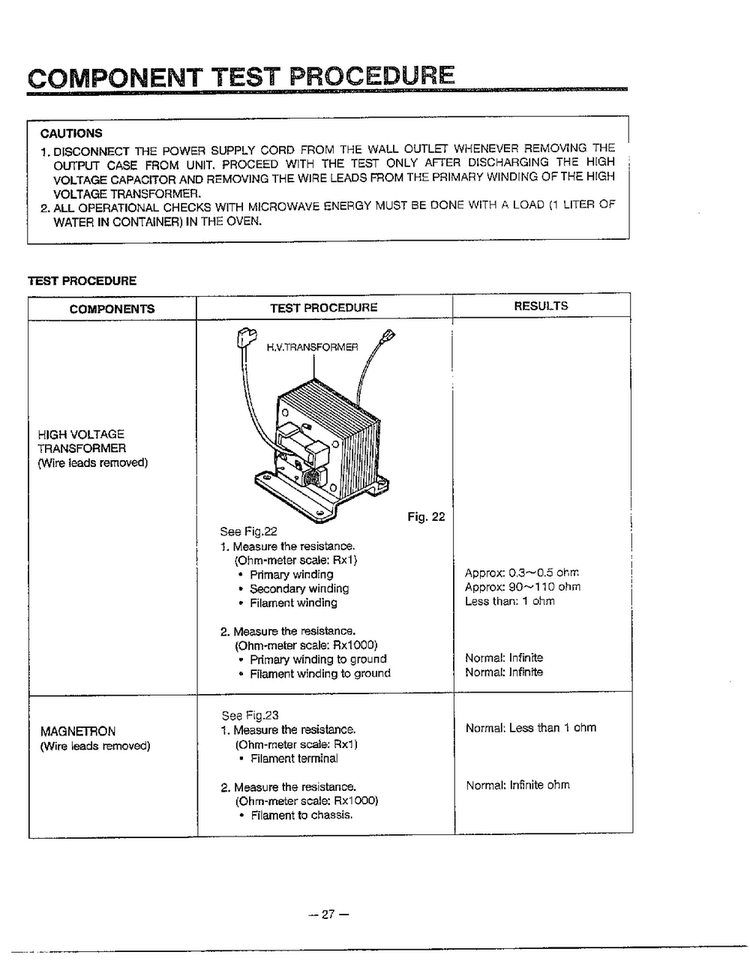 Component Test Procedure Diagram and Parts List for MA-1171S  LG Microwave