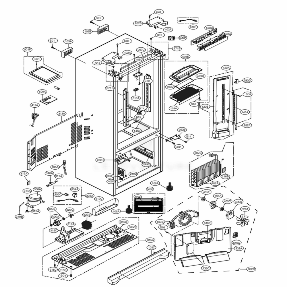 Case Parts Diagram and Parts List for 71609 AWBCSE5 LG Refrigerator