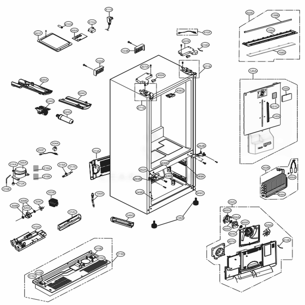 Case Parts Diagram and Parts List for 72597 ASBCSE2 LG Refrigerator