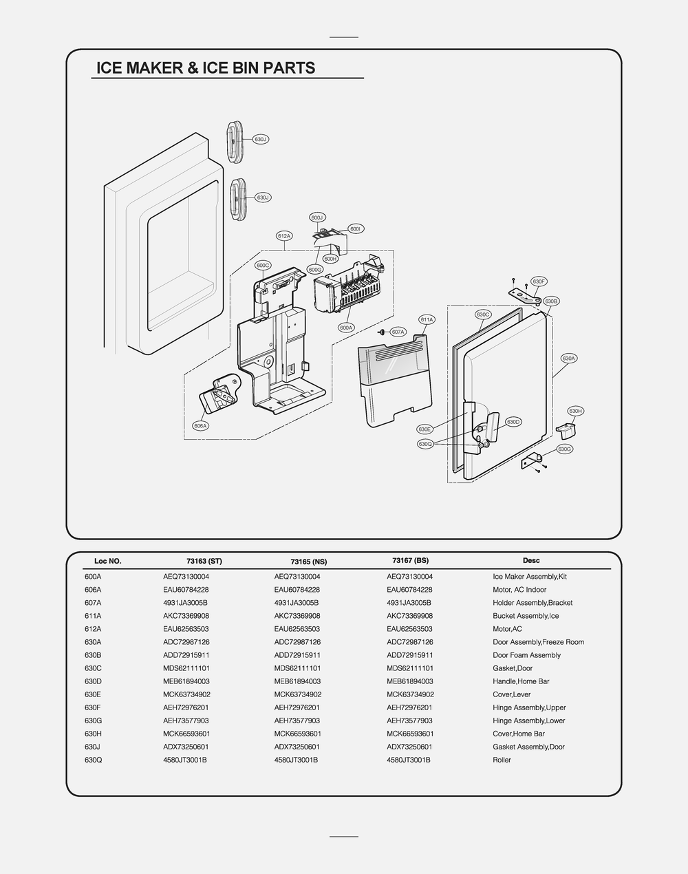 Ice Maker And Ice Bin Parts Diagram and Parts List for GR-J298LKXM ASBCSE0 LG Refrigerator