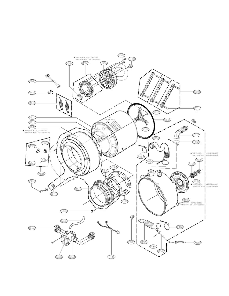Drum And Tub Assembly Parts Diagram and Parts List for WM2016CW 01 LG Washer